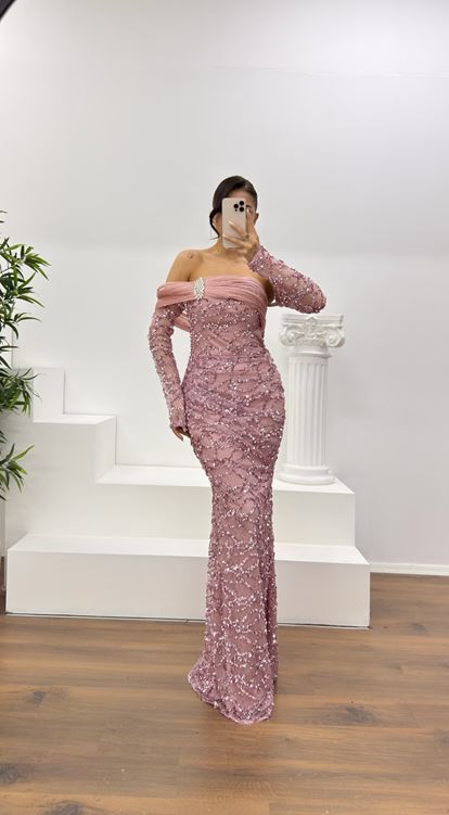 Pudra Straplez İşlemeli Abiye Elbise