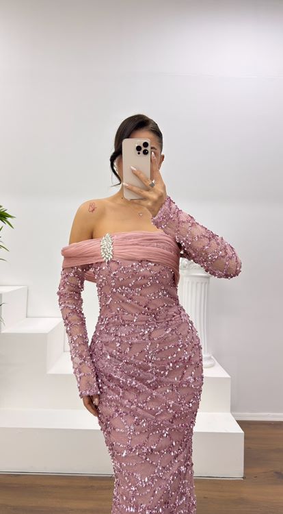 Pudra Straplez İşlemeli Abiye Elbise