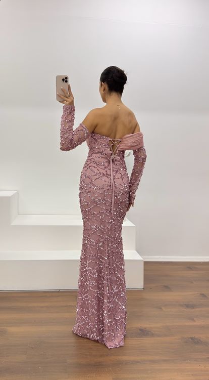 Pudra Straplez İşlemeli Abiye Elbise