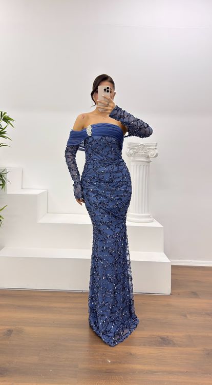 İndigo Straplez İşlemeli Abiye Elbise