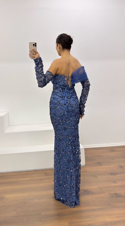 İndigo Straplez İşlemeli Abiye Elbise