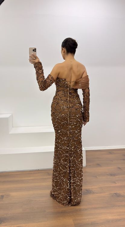 Kahverengi Straplez İşlemeli Abiye Elbise