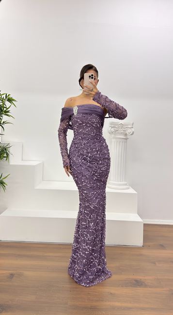 Lila Straplez İşlemeli Abiye Elbise