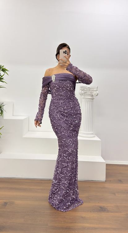 Lila Straplez İşlemeli Abiye Elbise