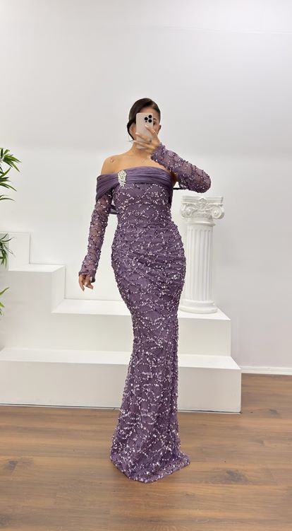 Lila Straplez İşlemeli Abiye Elbise