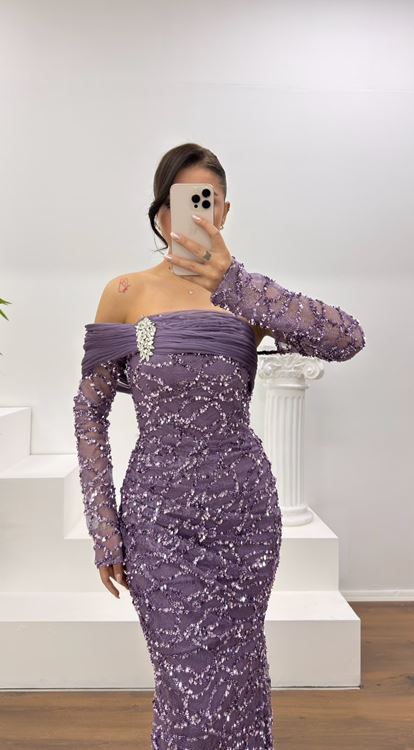 Lila Straplez İşlemeli Abiye Elbise