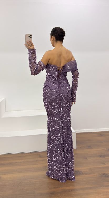 Lila Straplez İşlemeli Abiye Elbise