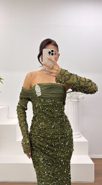 Haki Straplez İşlemeli Abiye Elbise