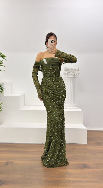 Haki Straplez İşlemeli Abiye Elbise