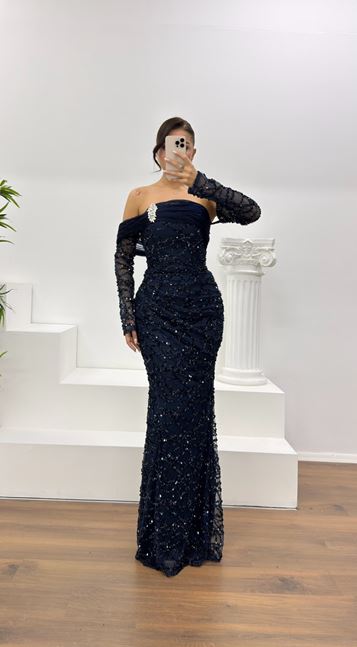 Lacivert Straplez İşlemeli Abiye Elbise