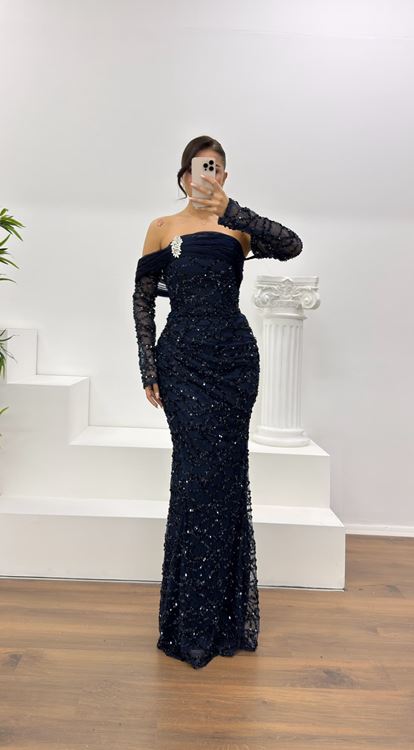 Lacivert Straplez İşlemeli Abiye Elbise