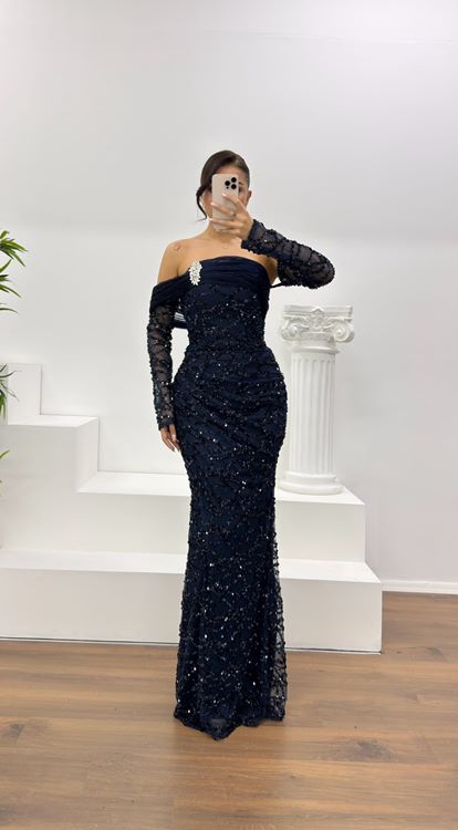 Lacivert Straplez İşlemeli Abiye Elbise