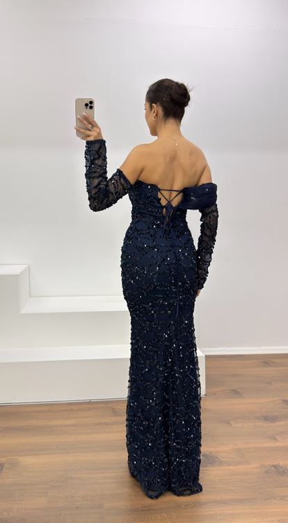 Lacivert Straplez İşlemeli Abiye Elbise