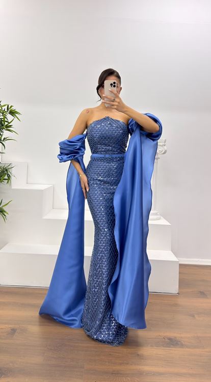 İndigo İşlemeli Balon Kol Abiye Elbise