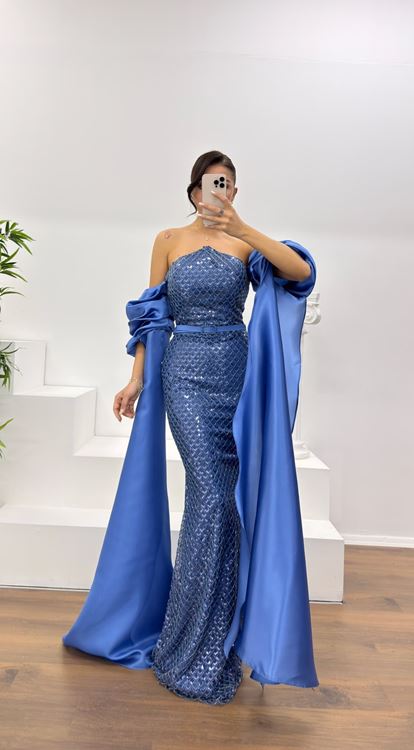 İndigo İşlemeli Balon Kol Abiye Elbise