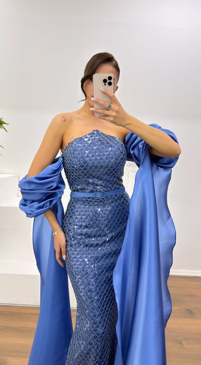 İndigo İşlemeli Balon Kol Abiye Elbise