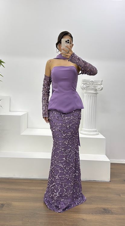 Lila Straplez İşlemeli Abiye Elbise