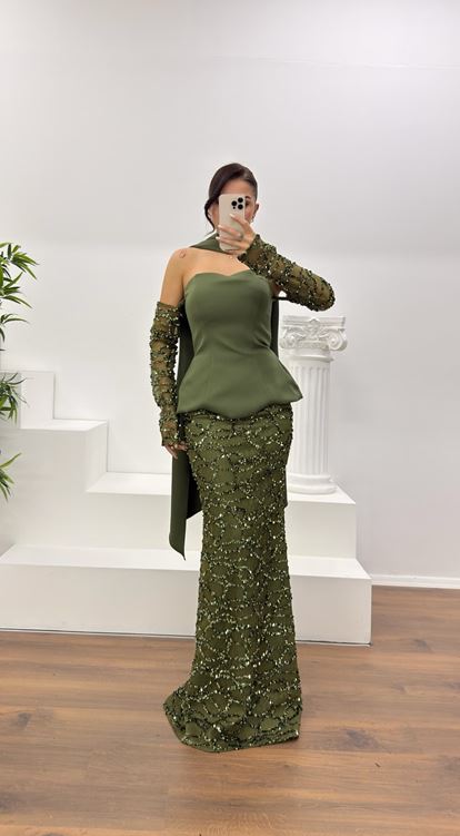 Haki Straplez İşlemeli Abiye Elbise