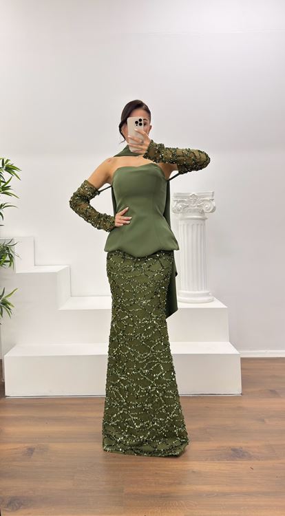 Haki Straplez İşlemeli Abiye Elbise