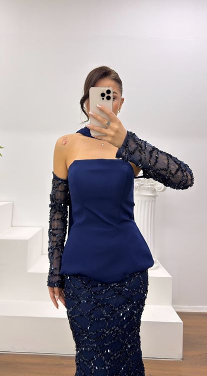 Lacivert Straplez İşlemeli Abiye Elbise