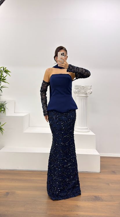 Lacivert Straplez İşlemeli Abiye Elbise