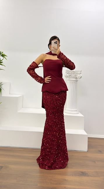 Bordo Straplez İşlemeli Abiye Elbise