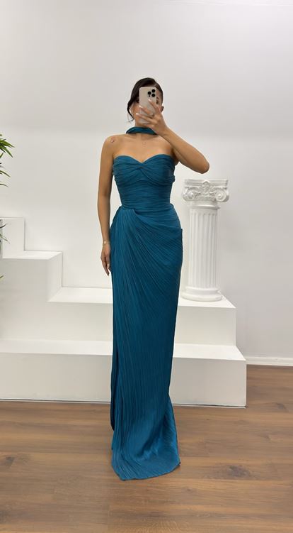 Petrol Straplez Piliseli Abiye Elbise