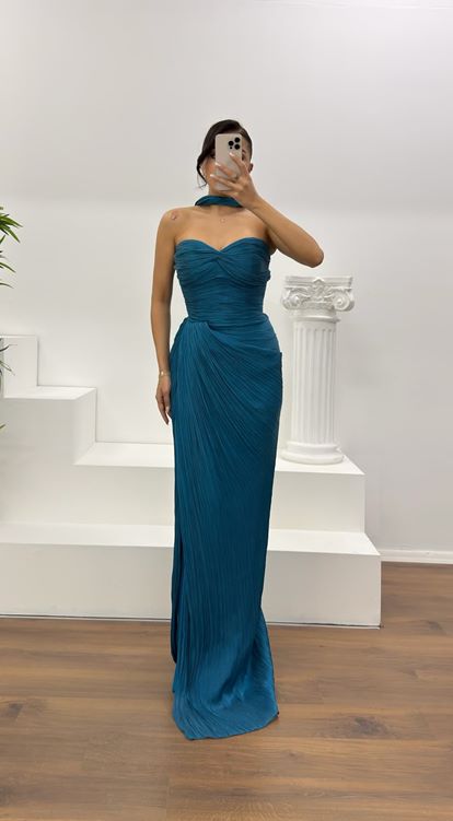 Petrol Straplez Piliseli Abiye Elbise