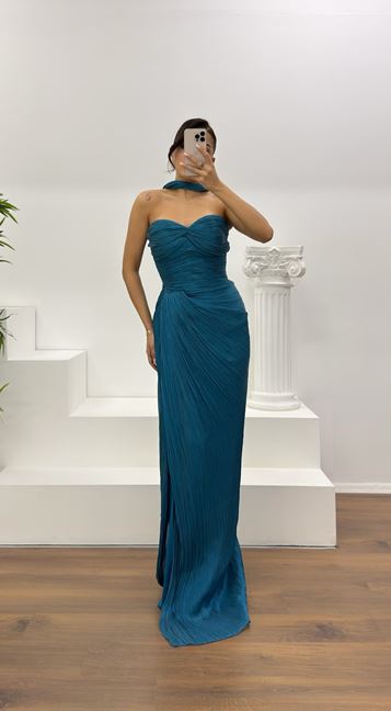 Petrol Straplez Piliseli Abiye Elbise