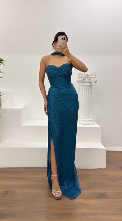 Petrol Straplez Piliseli Abiye Elbise