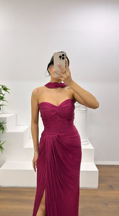 Fuşya Straplez Piliseli Abiye Elbise