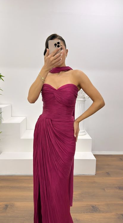 Fuşya Straplez Piliseli Abiye Elbise