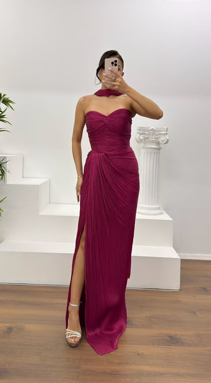 Fuşya Straplez Piliseli Abiye Elbise