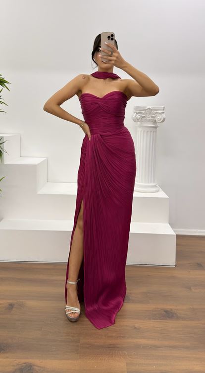 Fuşya Straplez Piliseli Abiye Elbise