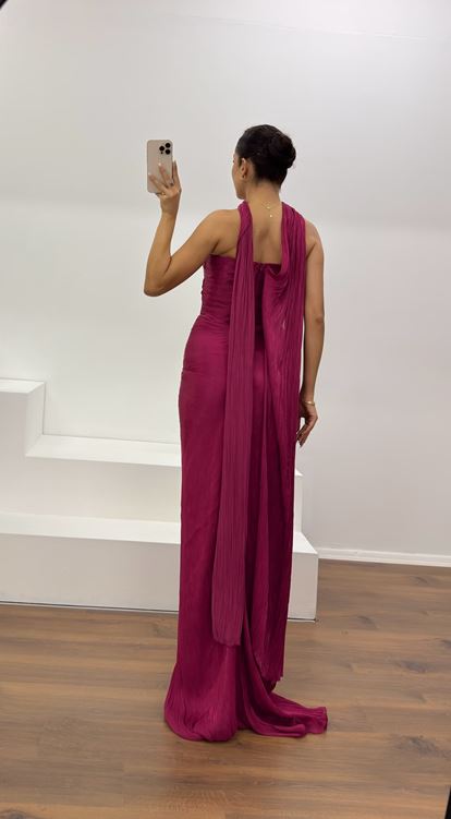 Fuşya Straplez Piliseli Abiye Elbise