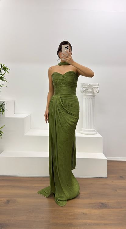 Khaki Strapless Pleated Evening Dress