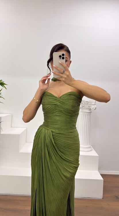 Khaki Strapless Pleated Evening Dress