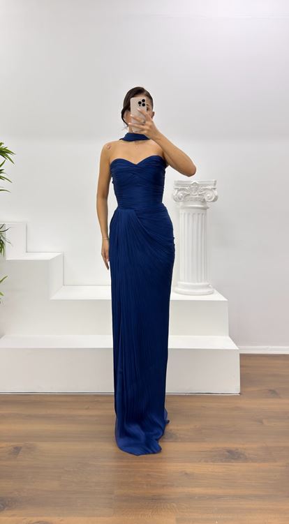 Lacivert Straplez Piliseli Abiye Elbise