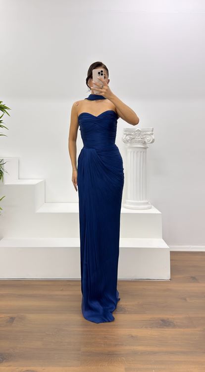 Lacivert Straplez Piliseli Abiye Elbise