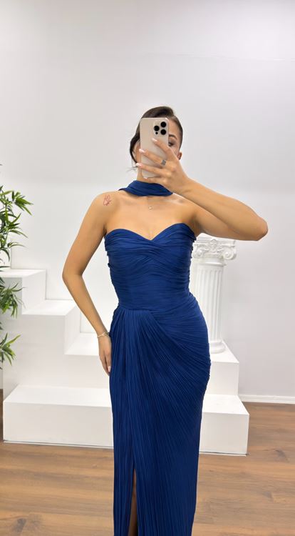 Lacivert Straplez Piliseli Abiye Elbise