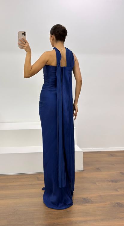 Lacivert Straplez Piliseli Abiye Elbise