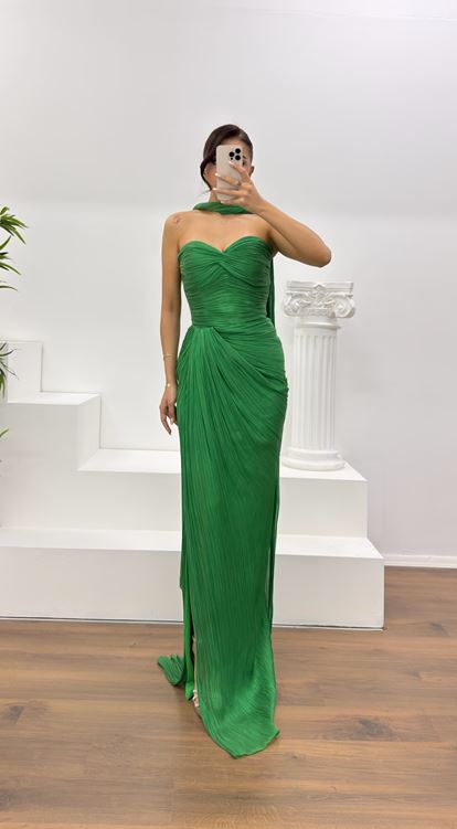 Aqua Yeşili Straplez Piliseli Abiye Elbise