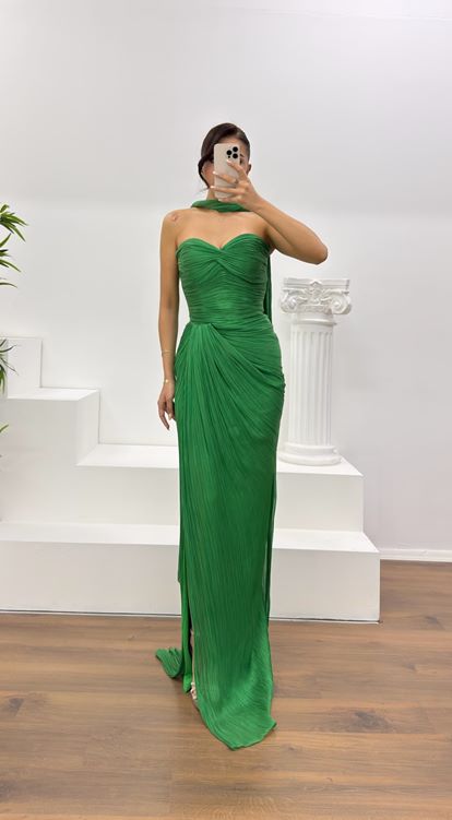 Aqua Yeşili Straplez Piliseli Abiye Elbise