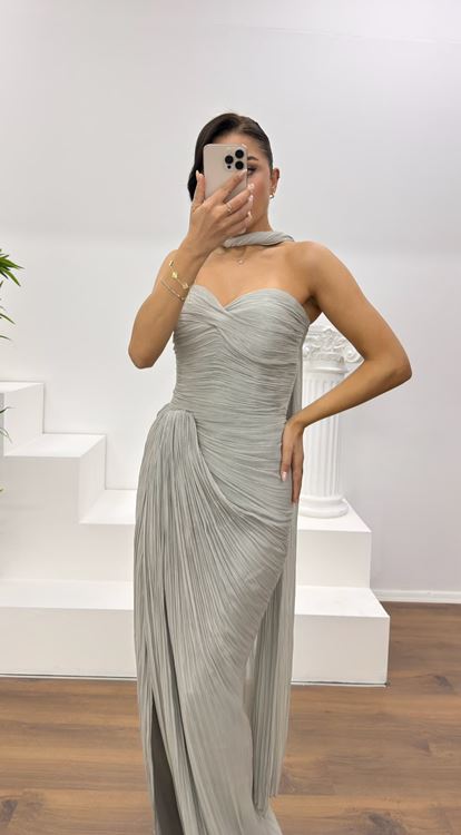 Gri Straplez Piliseli Abiye Elbise