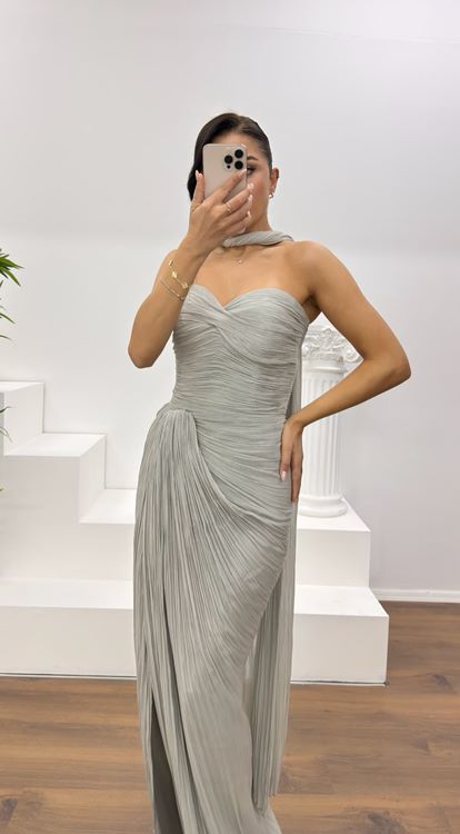 Gri Straplez Piliseli Abiye Elbise