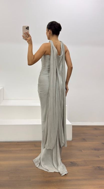 Gri Straplez Piliseli Abiye Elbise