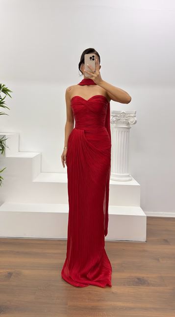 Red Strapless Pleated Evening Dress