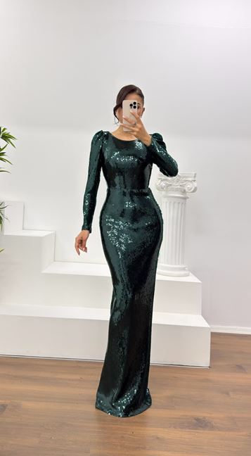 Zümrüt Pullu Abiye Elbise