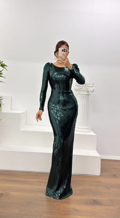 Zümrüt Pullu Abiye Elbise