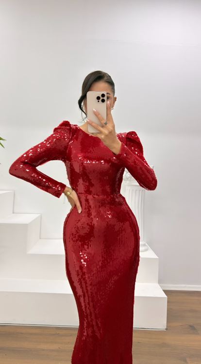 Kırmızı Pullu Abiye Elbise